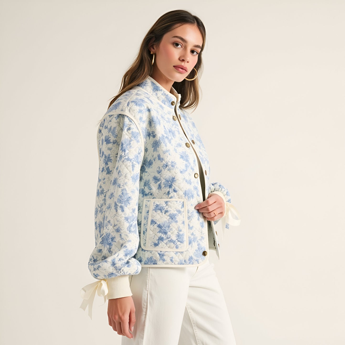 Floral Quilted Jacket with Puff Sleeves and Satin Bow Cuffs