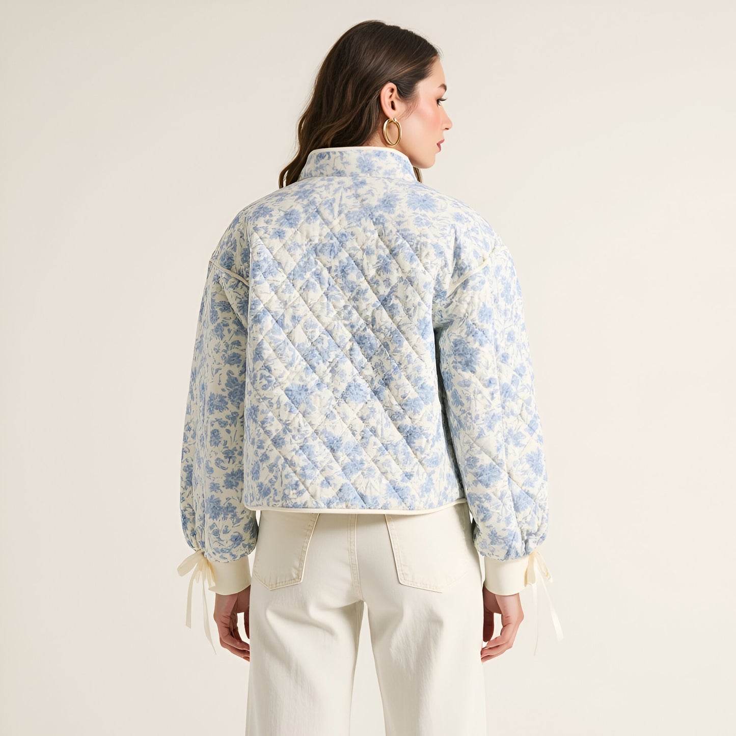 Floral Quilted Jacket with Puff Sleeves and Satin Bow Cuffs