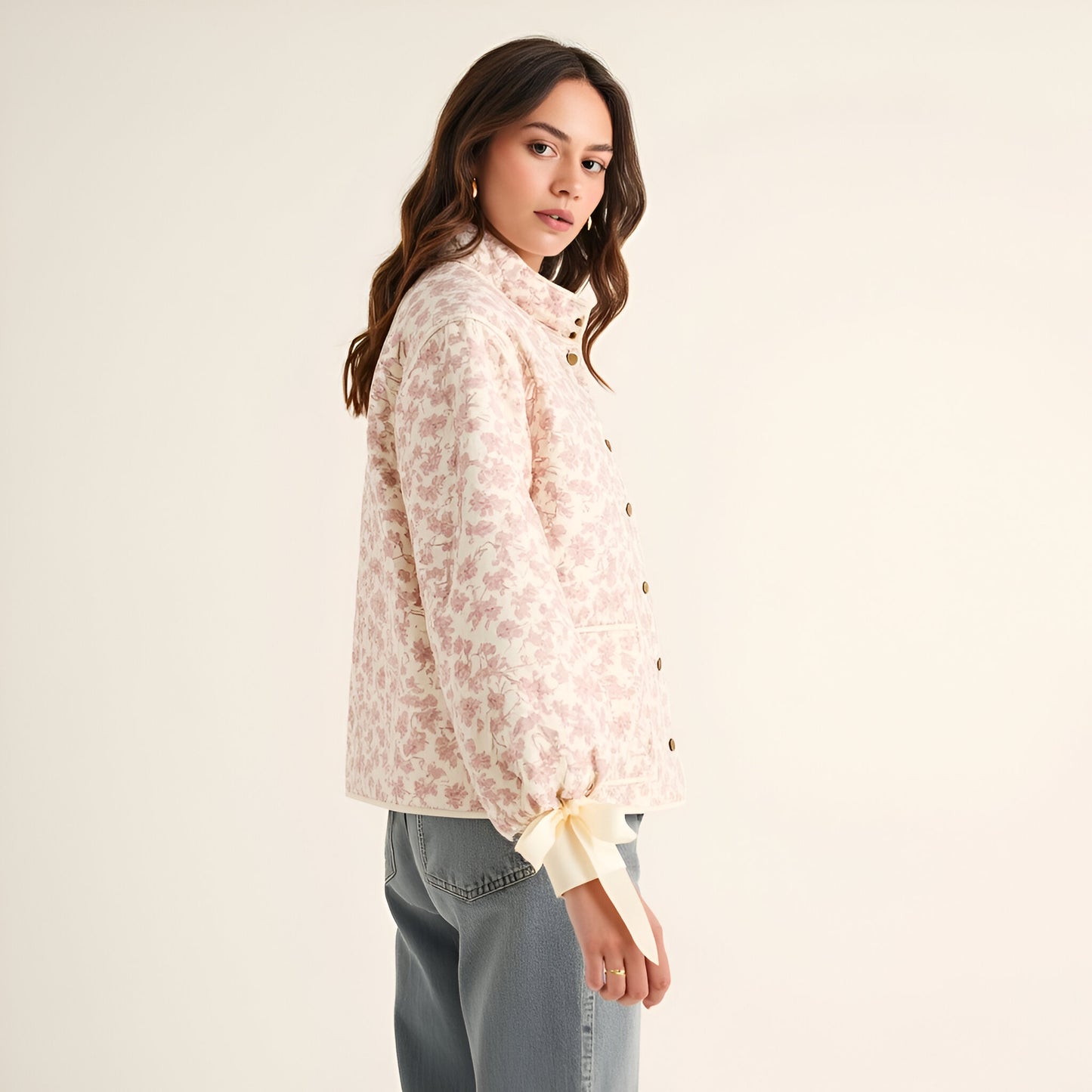 Floral Quilted Jacket with Puff Sleeves and Satin Bow Cuffs
