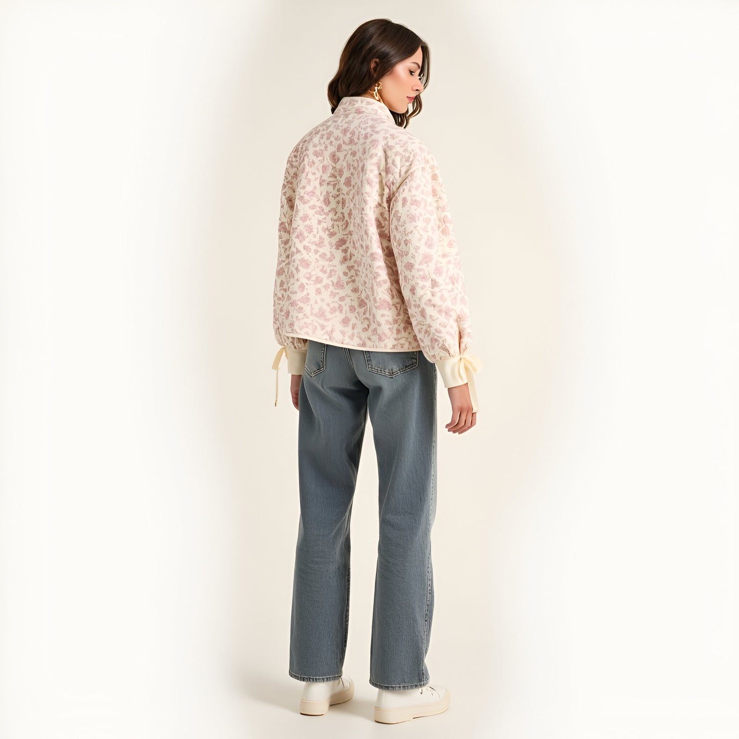 Floral Quilted Jacket with Puff Sleeves and Satin Bow Cuffs
