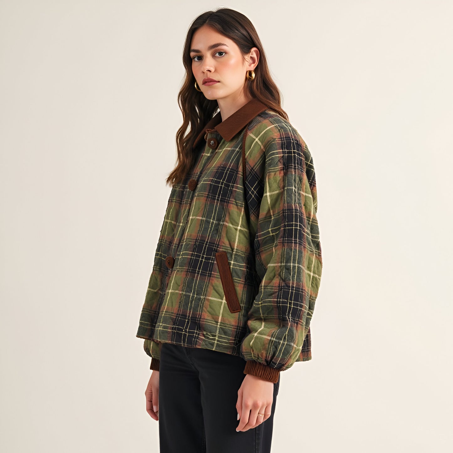 Plaid Quilted Jacket with Corduroy Collar and Button Front Closure