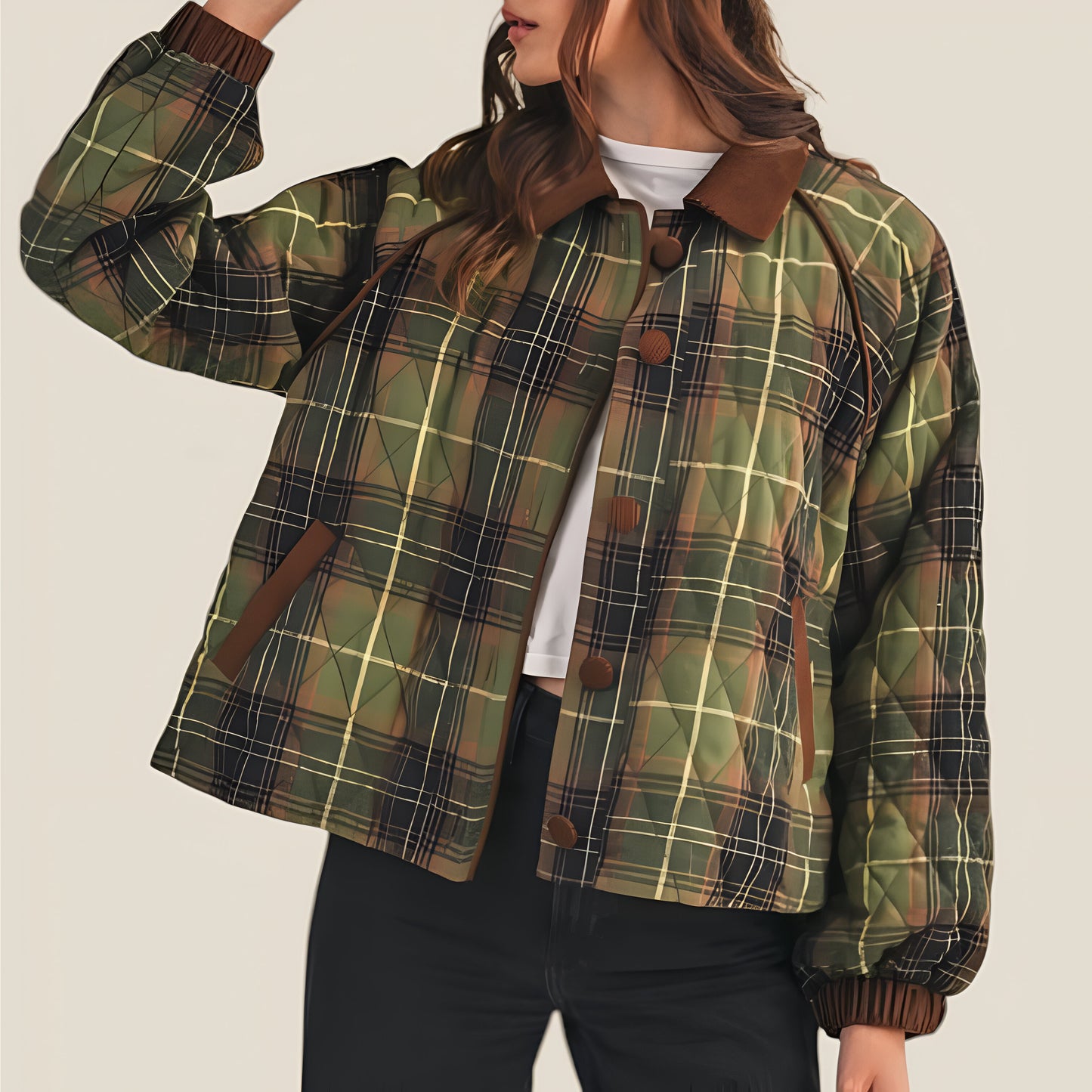 Plaid Quilted Jacket with Corduroy Collar and Button Front Closure