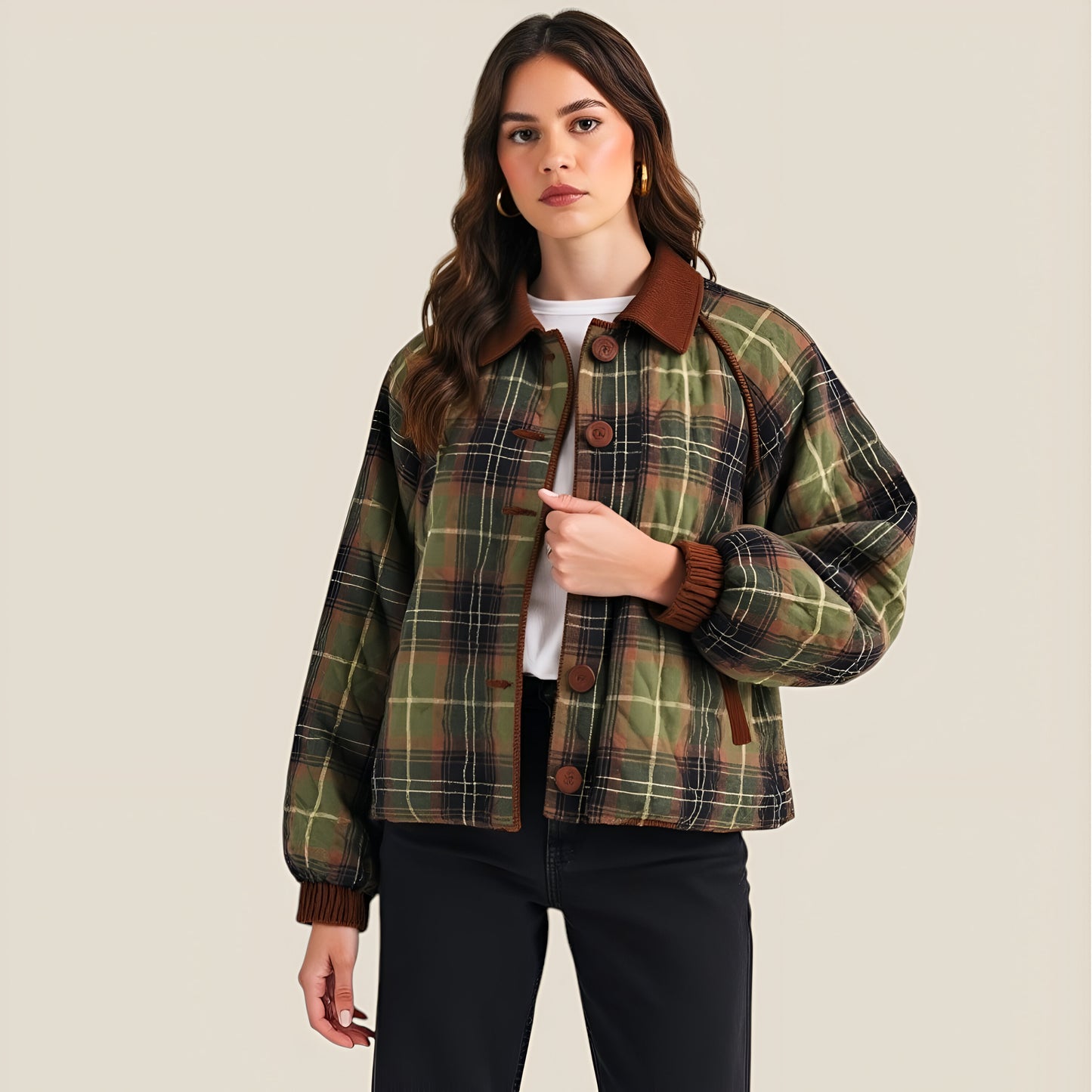 Plaid Quilted Jacket with Corduroy Collar and Button Front Closure