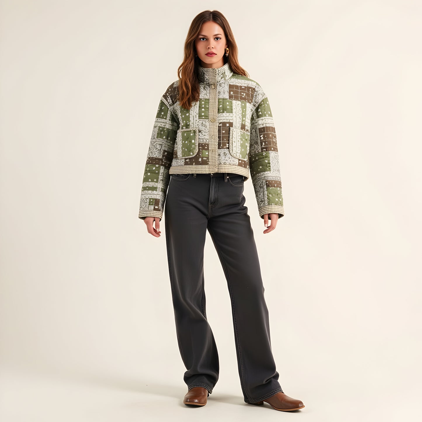 Patchwork Quilted Jacket with Bandana Print, Gingham Trim and Gold Buttons