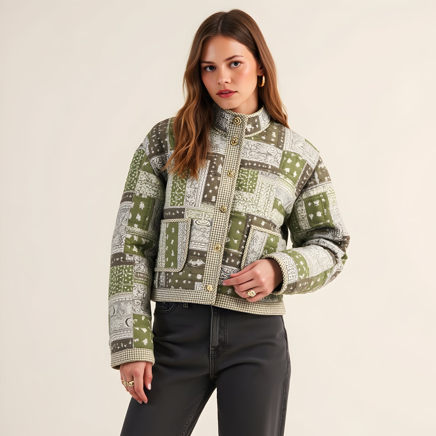 Patchwork Quilted Jacket with Bandana Print, Gingham Trim and Gold Buttons