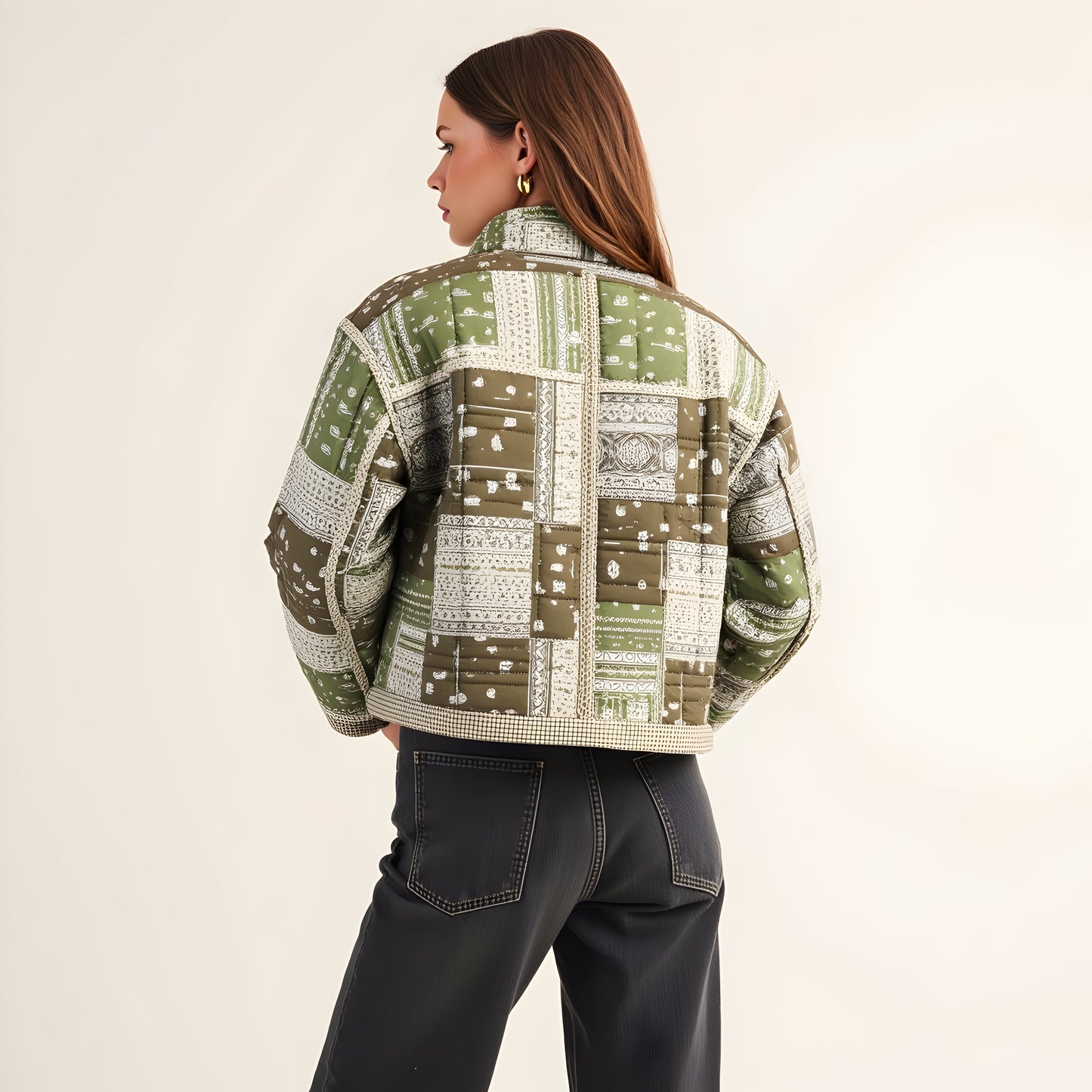 Patchwork Quilted Jacket with Bandana Print, Gingham Trim and Gold Buttons
