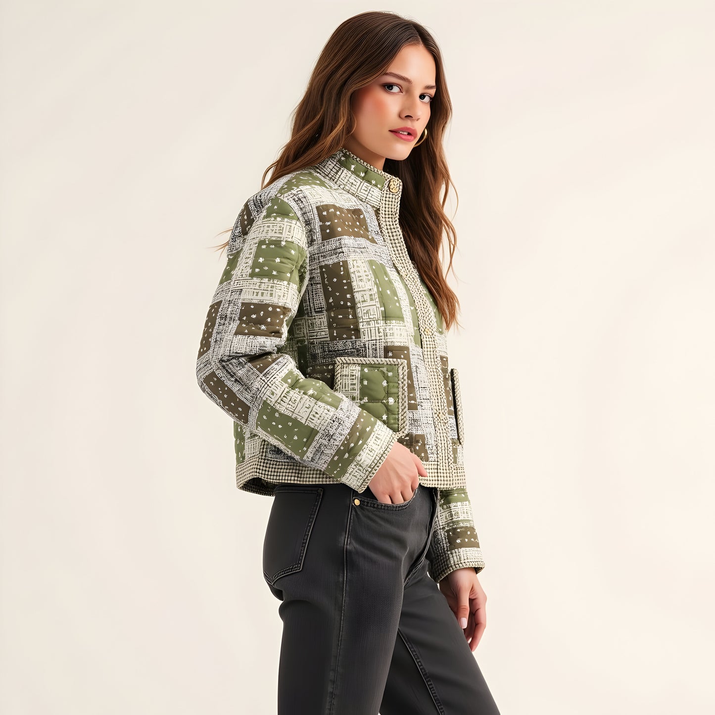Patchwork Quilted Jacket with Bandana Print, Gingham Trim and Gold Buttons