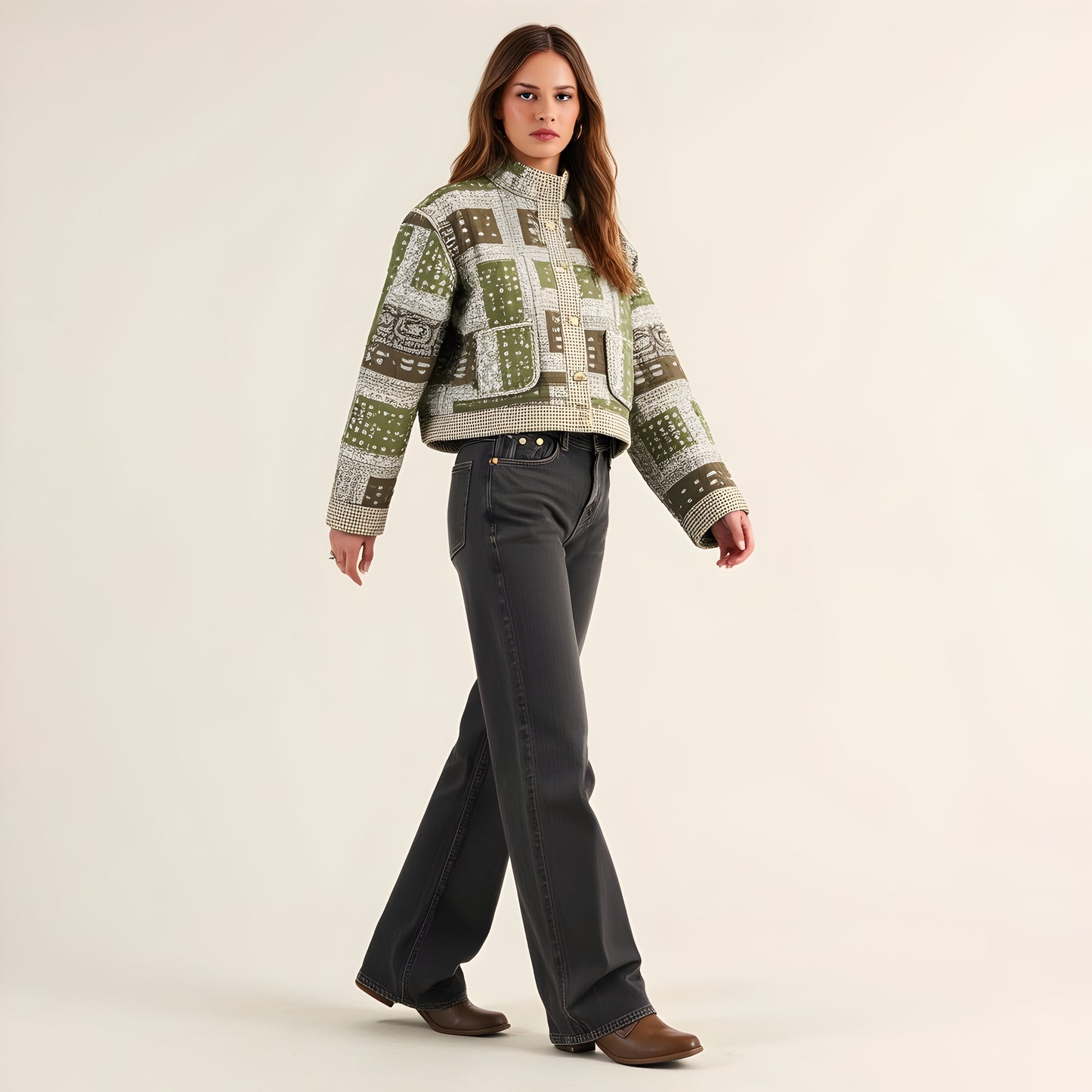 Patchwork Quilted Jacket with Bandana Print, Gingham Trim and Gold Buttons