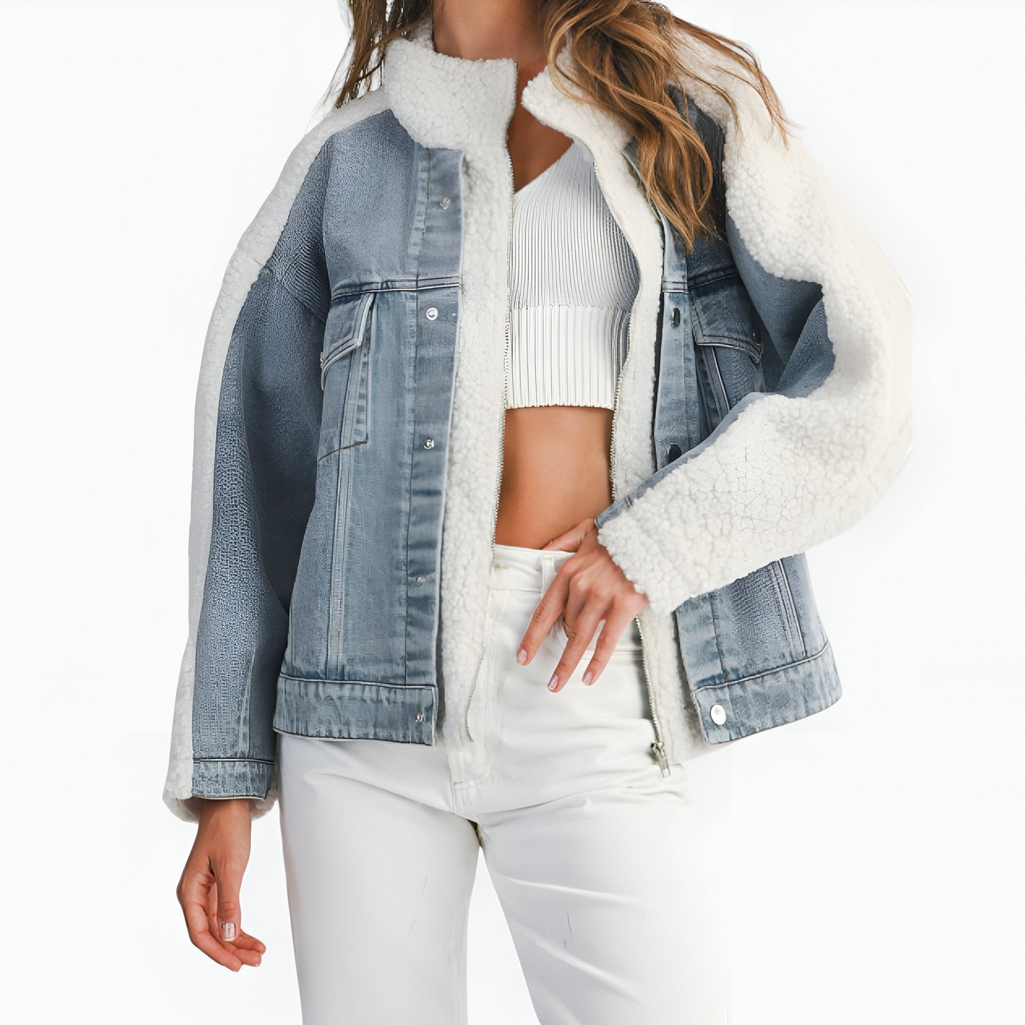 Denim Jacket with Faux Shearling Collar and Contrast Trim