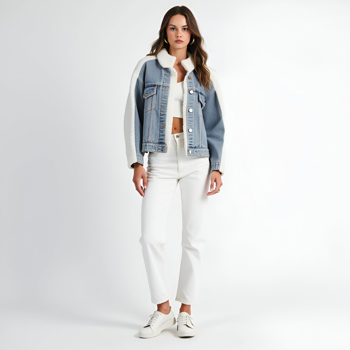 Denim Jacket with Faux Shearling Collar and Contrast Trim