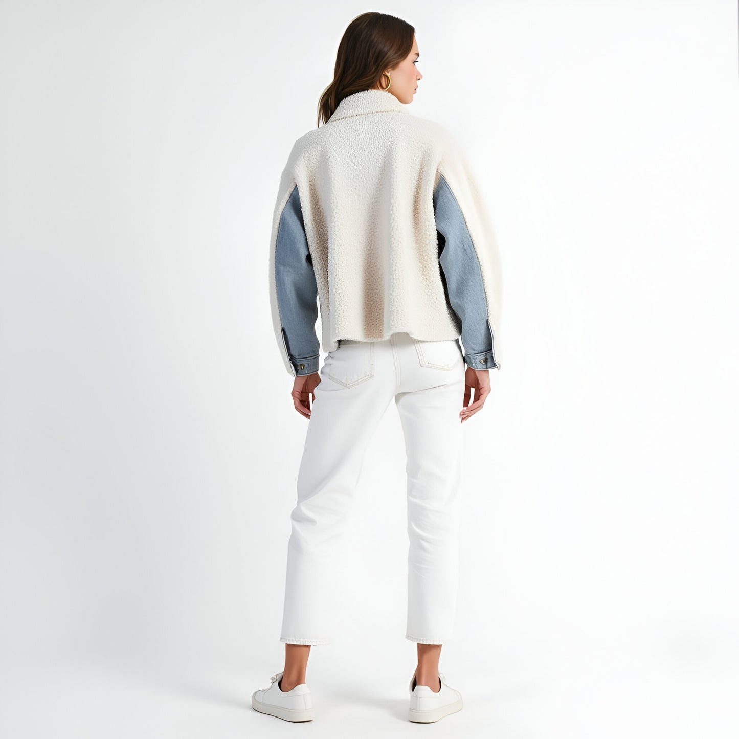 Denim Jacket with Faux Shearling Collar and Contrast Trim