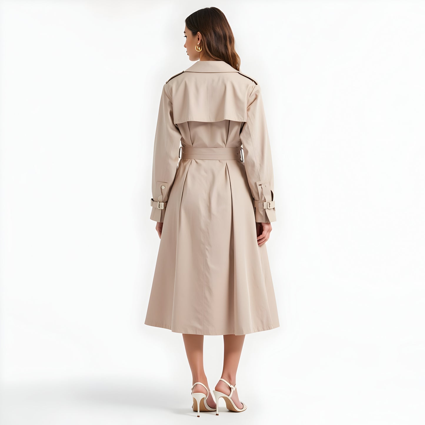 Double-Breasted Trench Coat with Waist Tie, Epaulettes and Belted Cuffs