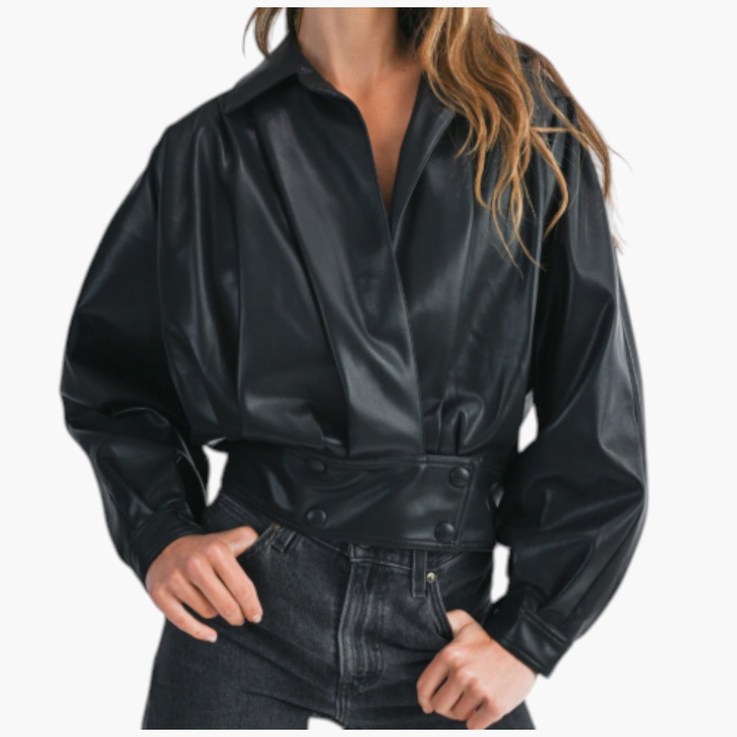 Faux Leather Surplice Jacket with Buttoned Waistband and Collar