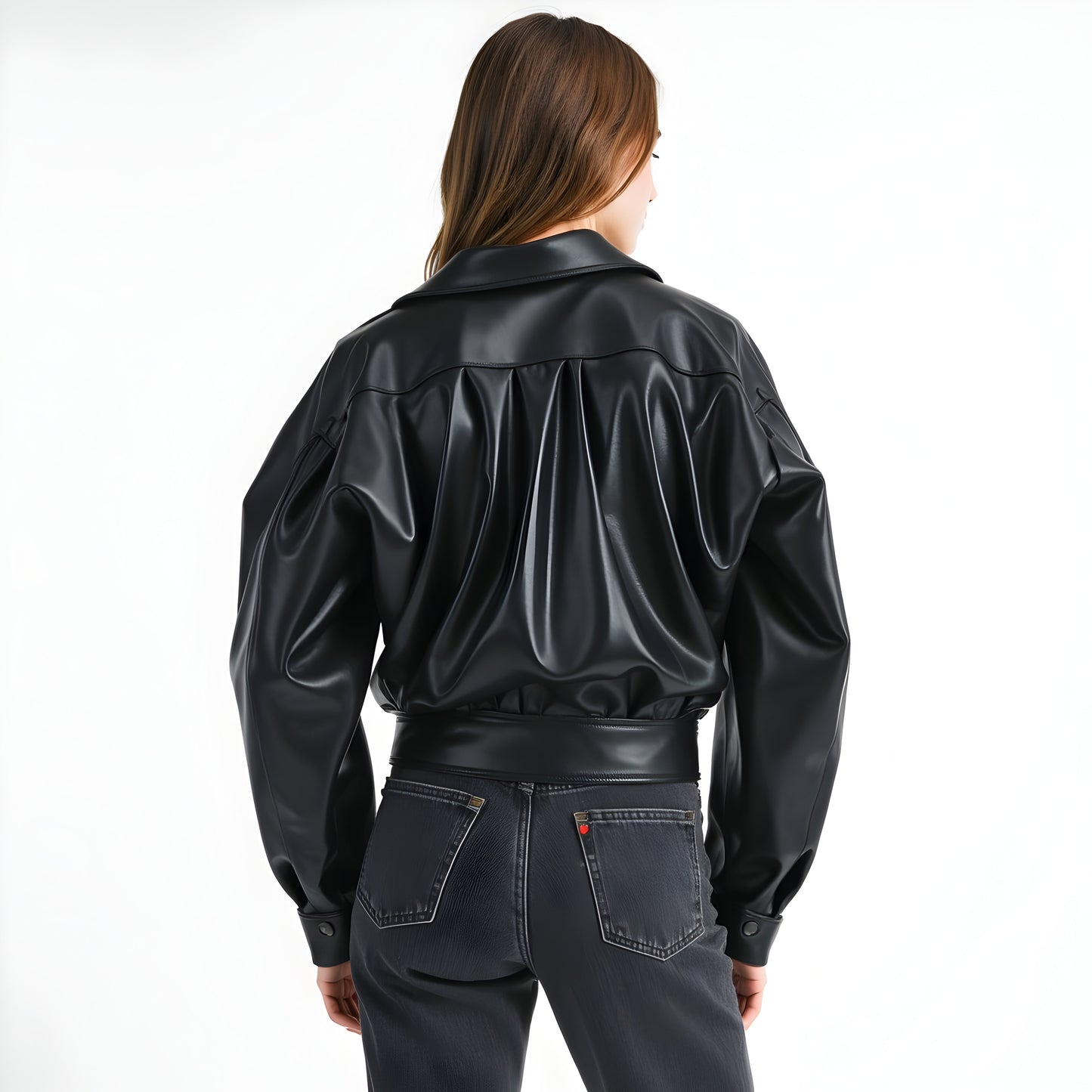 Faux Leather Surplice Jacket with Buttoned Waistband and Collar