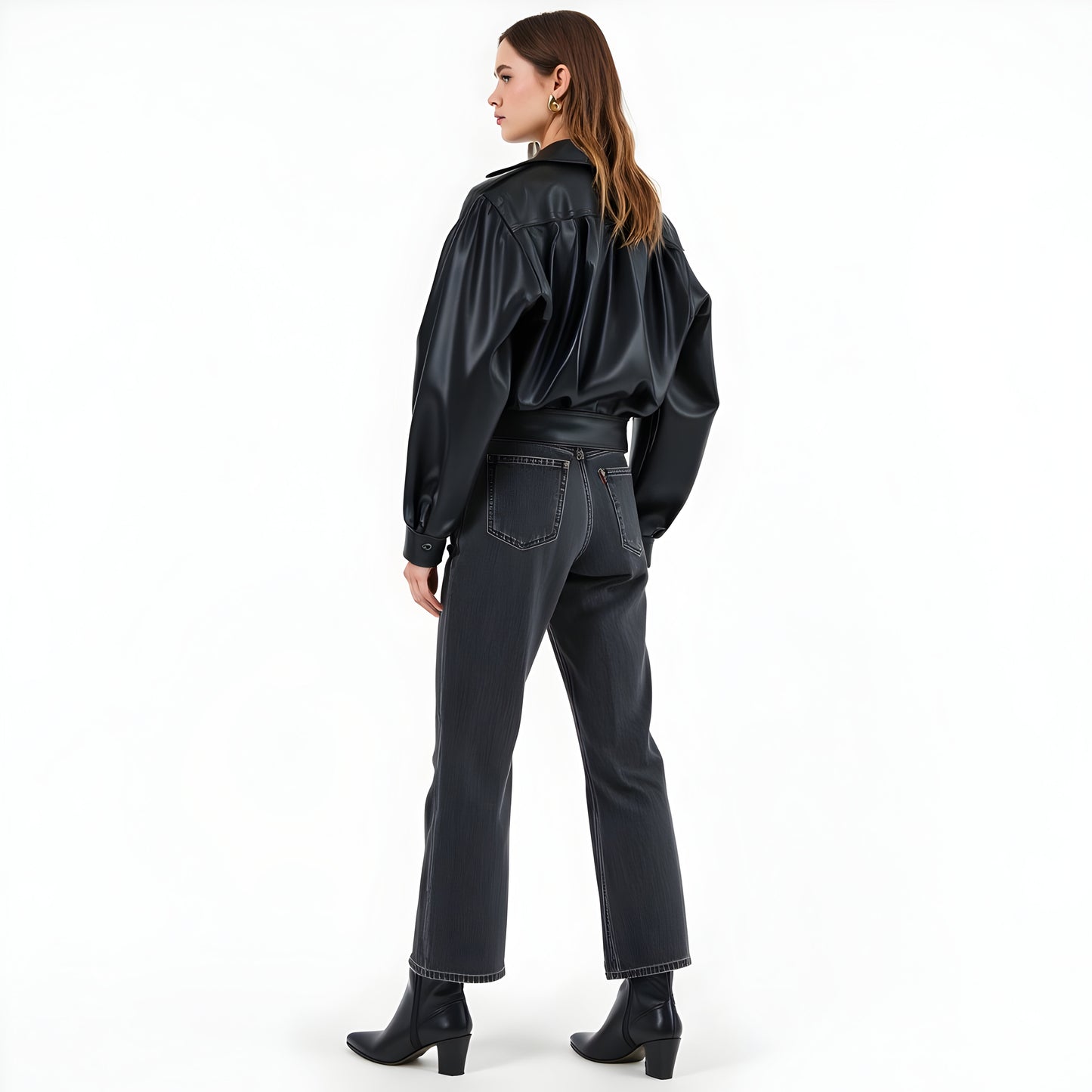 Faux Leather Surplice Jacket with Buttoned Waistband and Collar