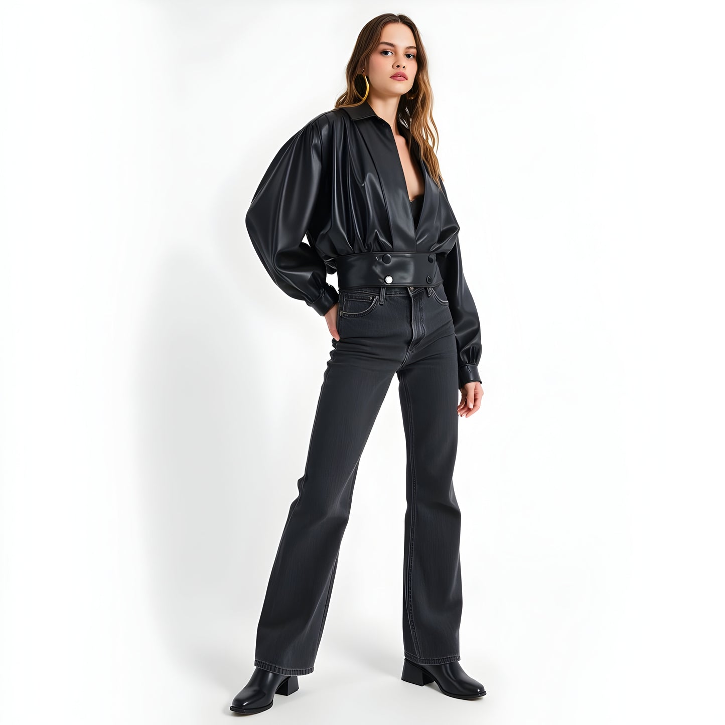 Faux Leather Surplice Jacket with Buttoned Waistband and Collar
