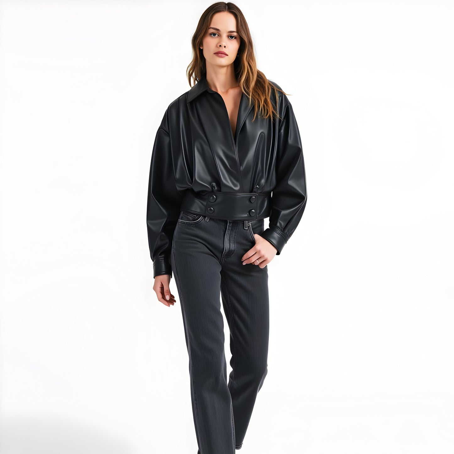 Faux Leather Surplice Jacket with Buttoned Waistband and Collar