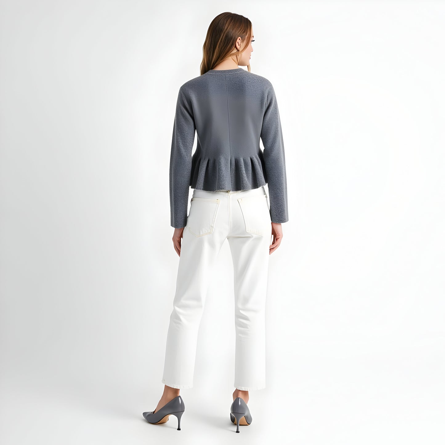 Button Front Peplum Cardigan with Round Neckline and Structured Fit