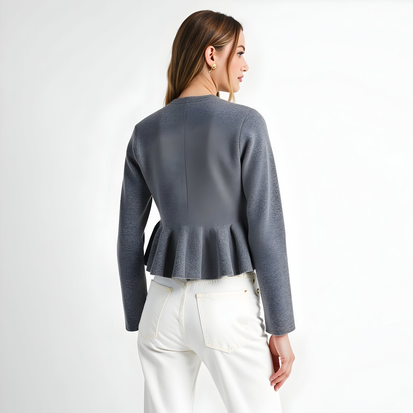 Button Front Peplum Cardigan with Round Neckline and Structured Fit