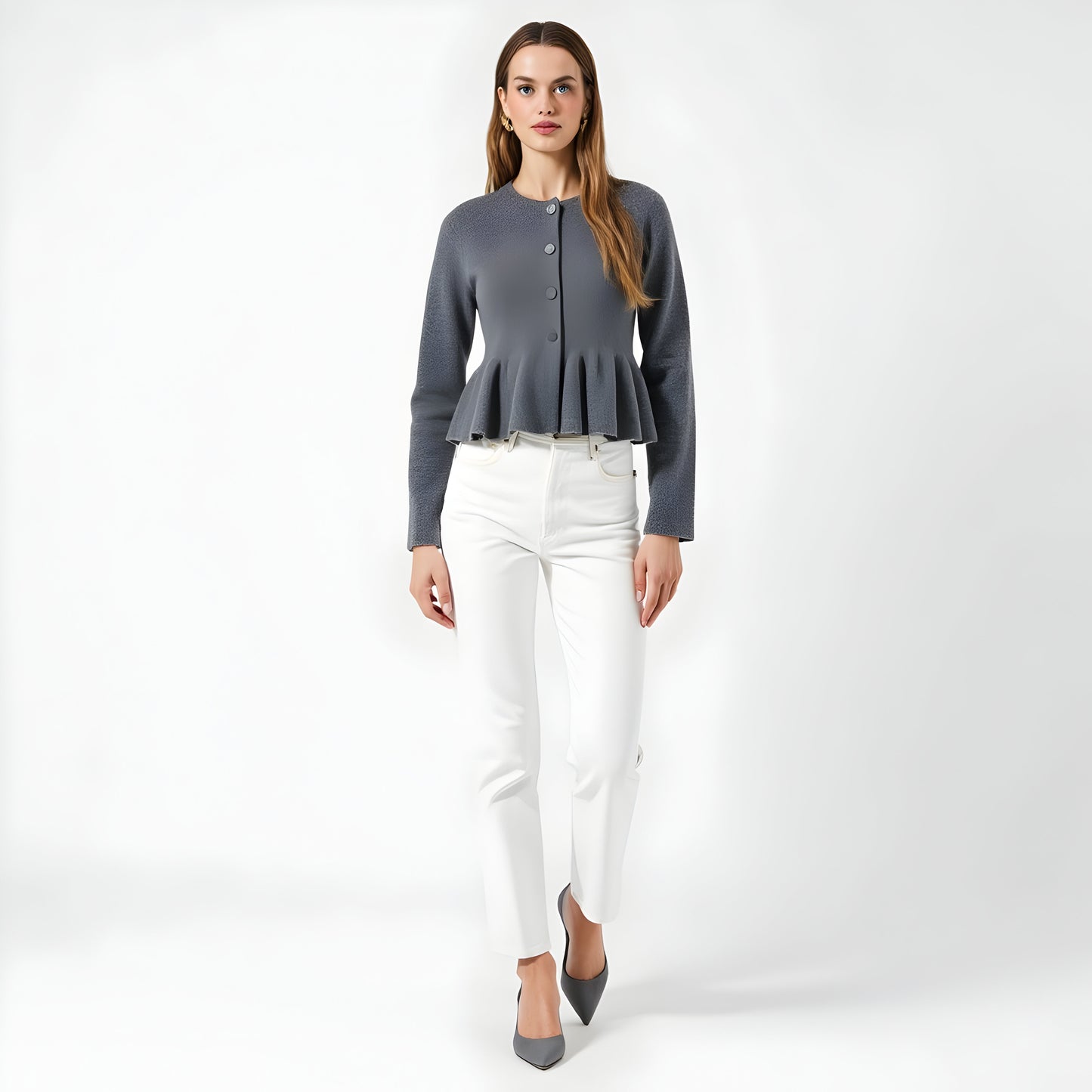 Button Front Peplum Cardigan with Round Neckline and Structured Fit