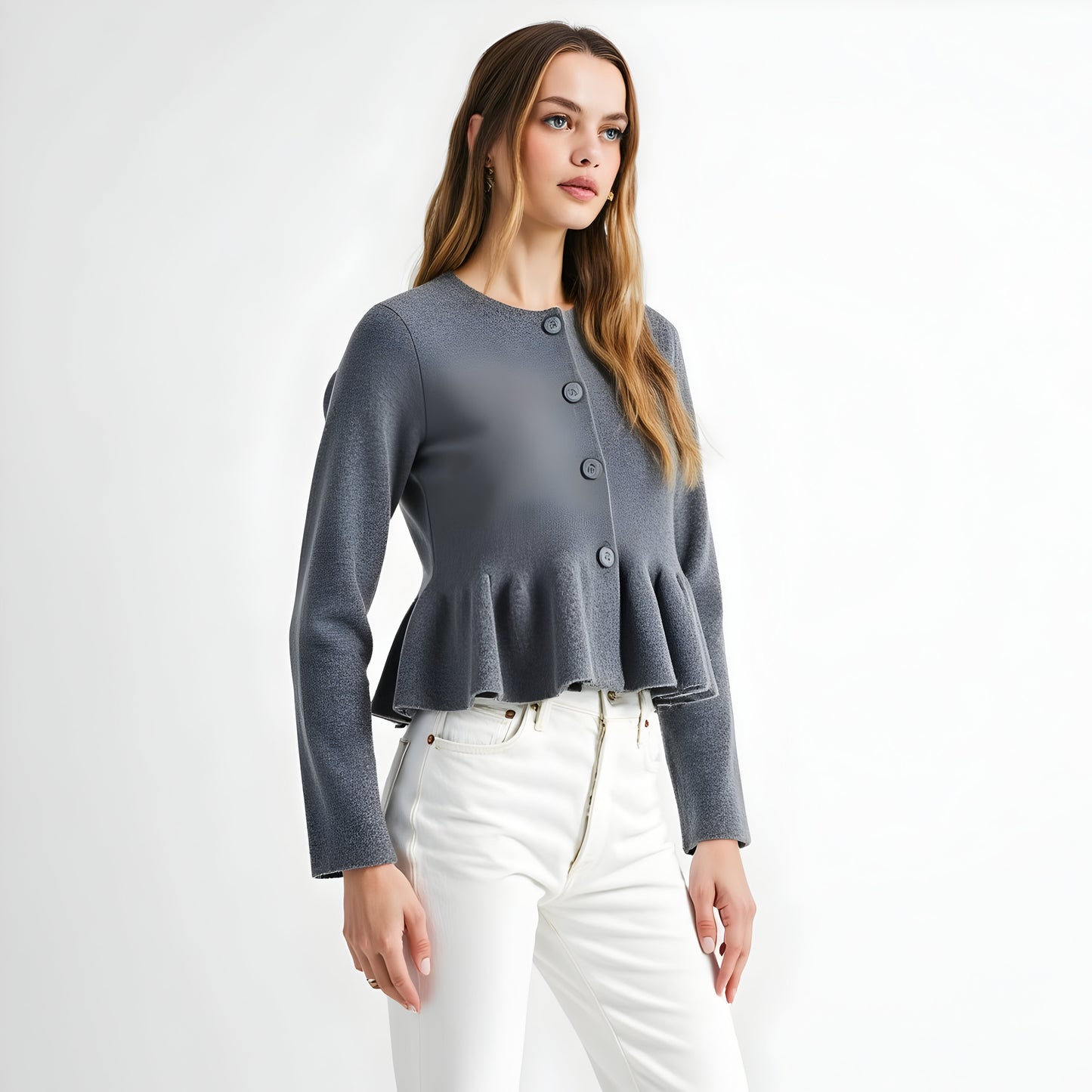 Button Front Peplum Cardigan with Round Neckline and Structured Fit