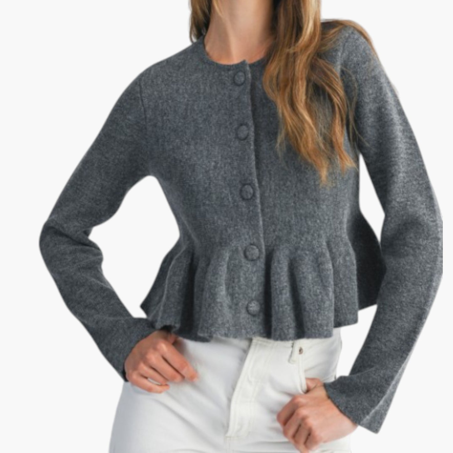 Button Front Peplum Cardigan with Round Neckline and Structured Fit