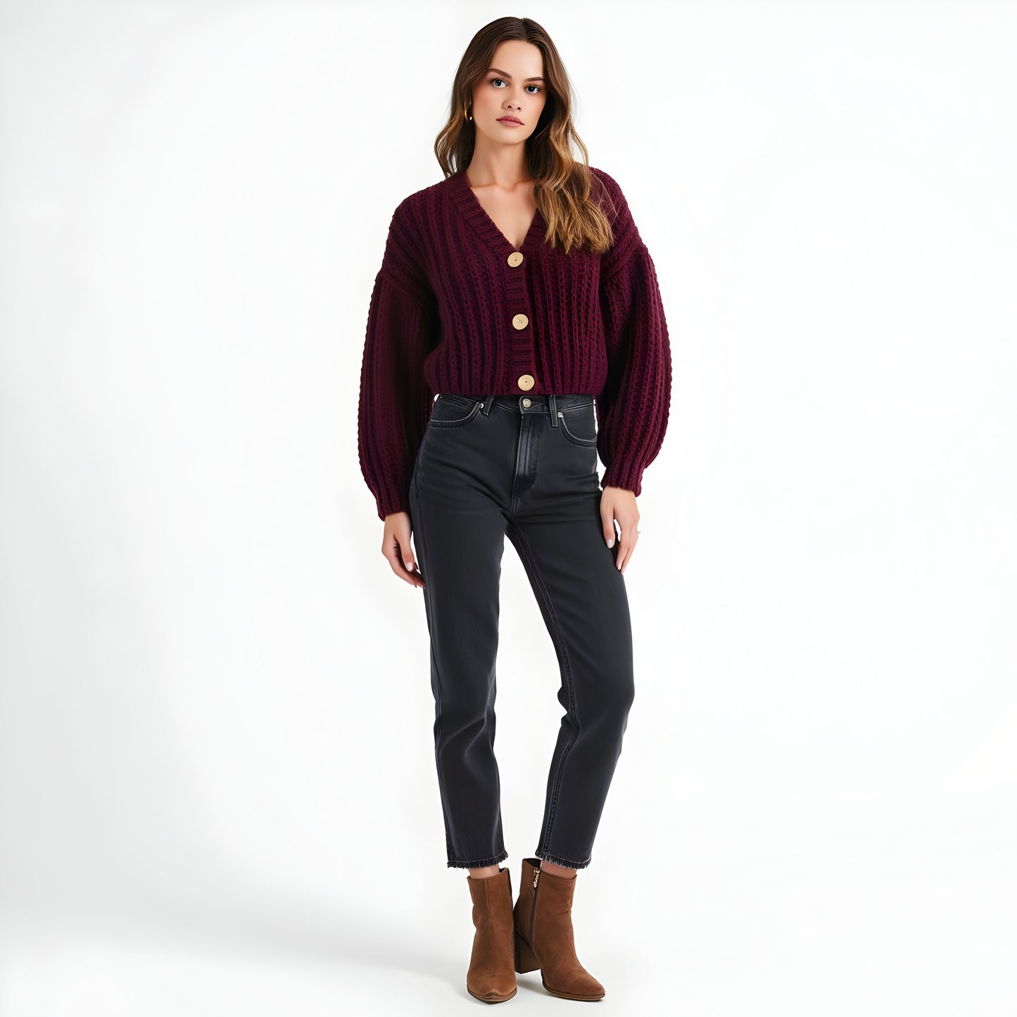 Chunky Knit Cropped Cardigan with Balloon Sleeves and Wood Buttons