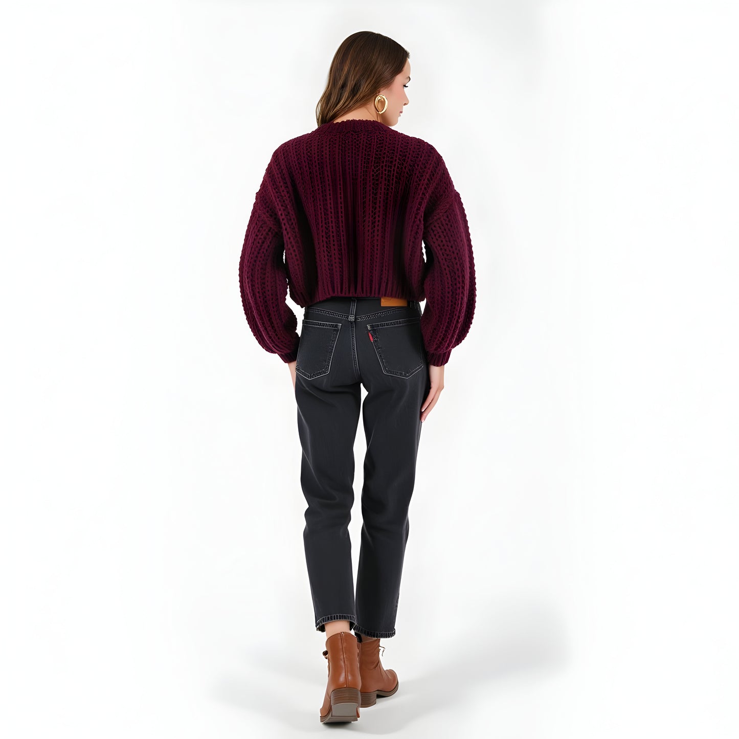 Chunky Knit Cropped Cardigan with Balloon Sleeves and Wood Buttons