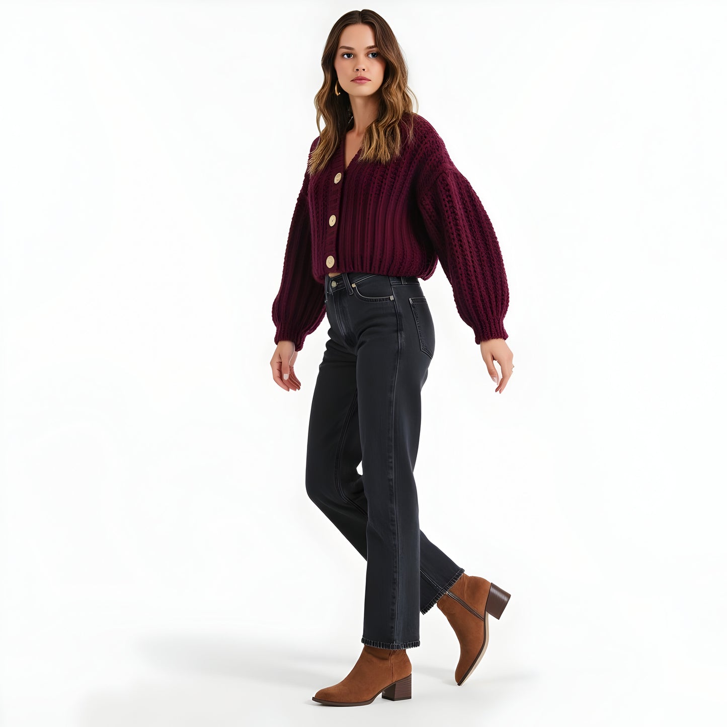 Chunky Knit Cropped Cardigan with Balloon Sleeves and Wood Buttons