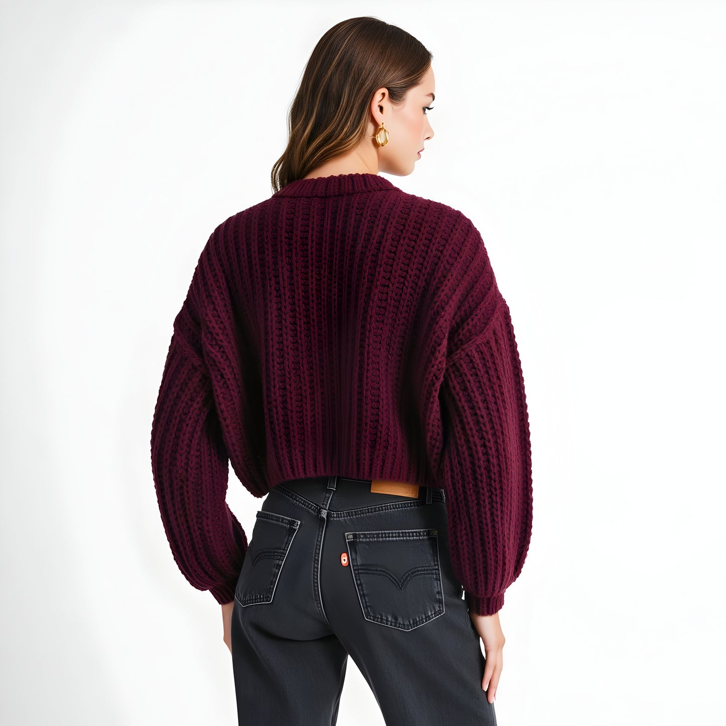 Chunky Knit Cropped Cardigan with Balloon Sleeves and Wood Buttons