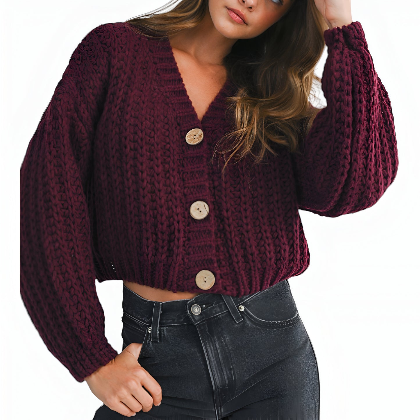 Chunky Knit Cropped Cardigan with Balloon Sleeves and Wood Buttons
