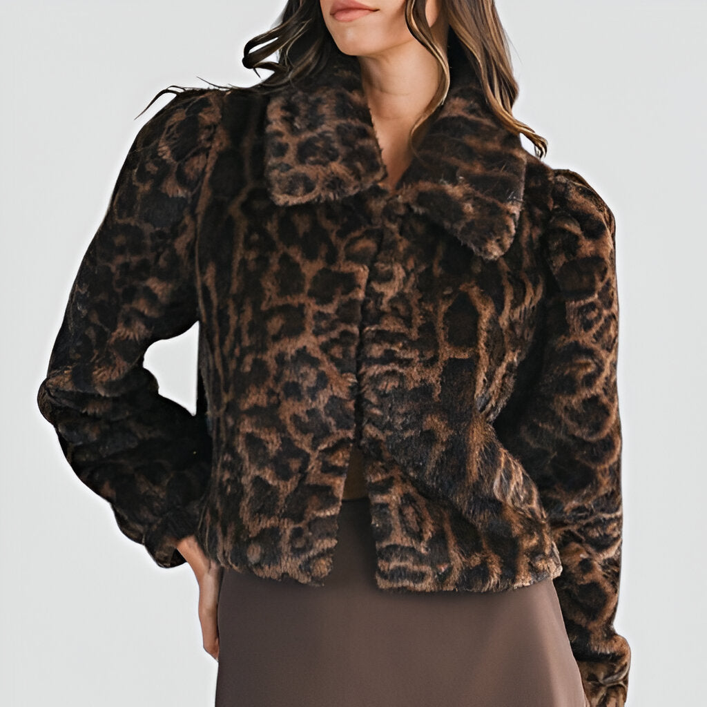 Leopard Print Faux Fur Jacket with Wide Collar and Puff Shoulders