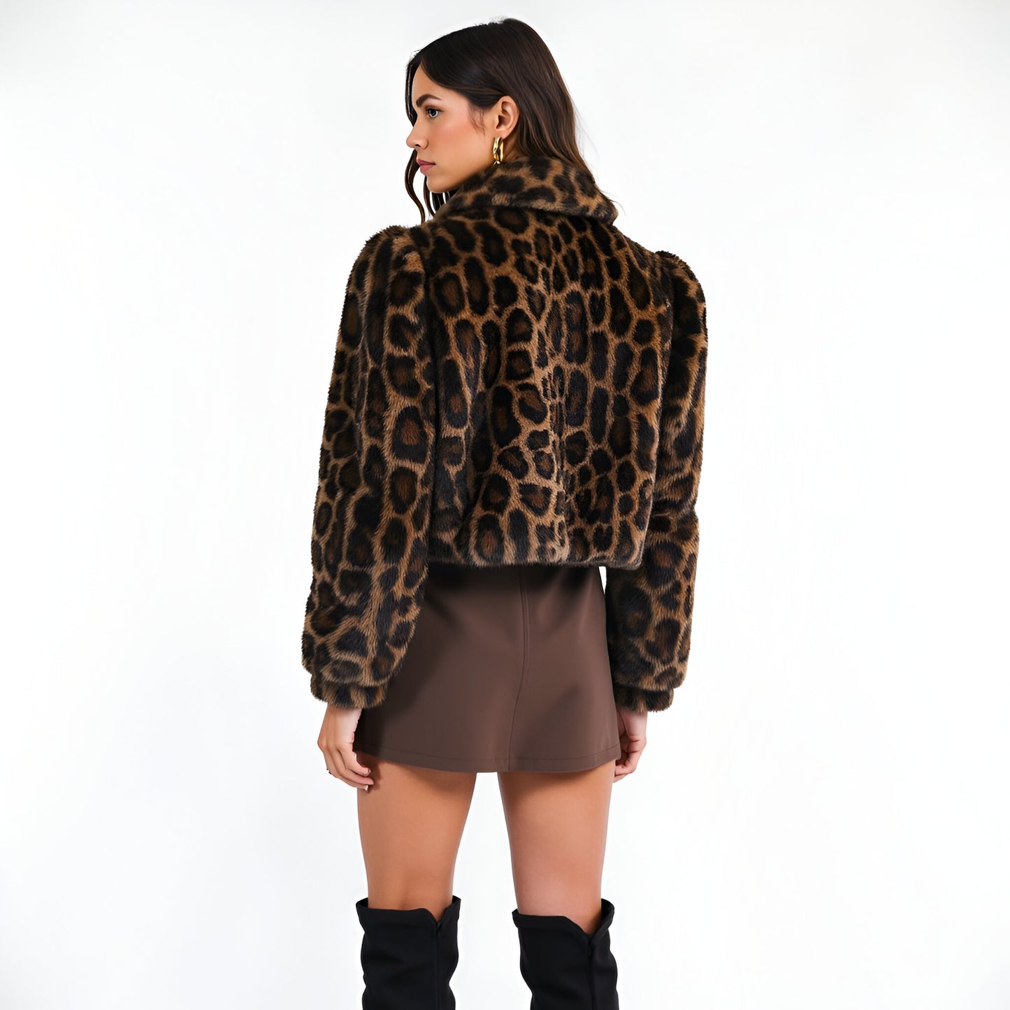 Leopard Print Faux Fur Jacket with Wide Collar and Puff Shoulders