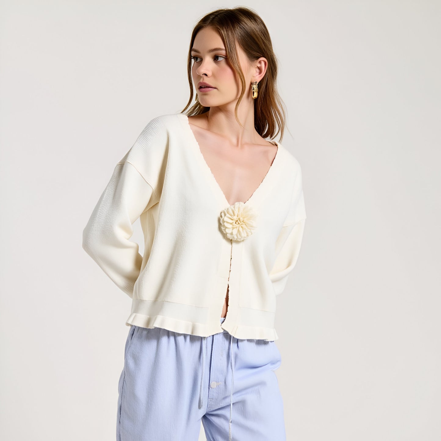 V-Neck Knit Cardigan with Flower Appliqué and Relaxed Fit