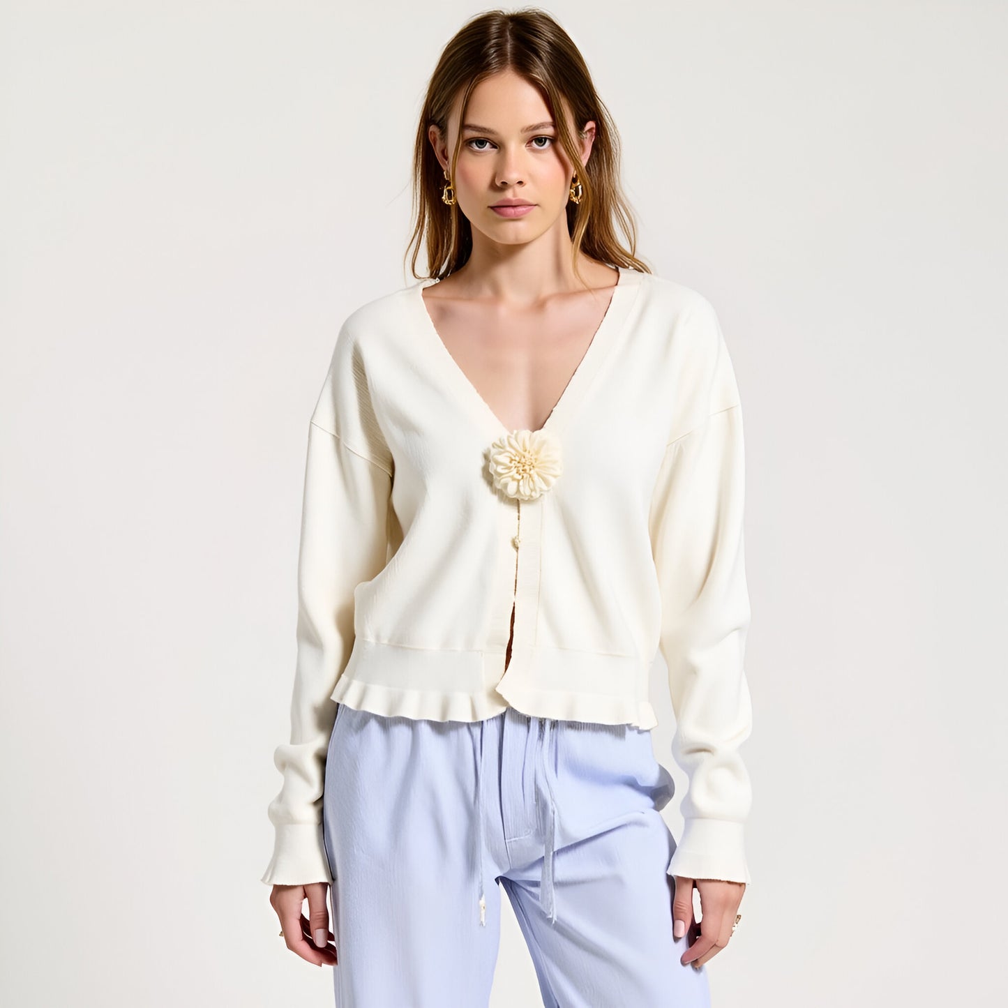 V-Neck Knit Cardigan with Flower Appliqué and Relaxed Fit