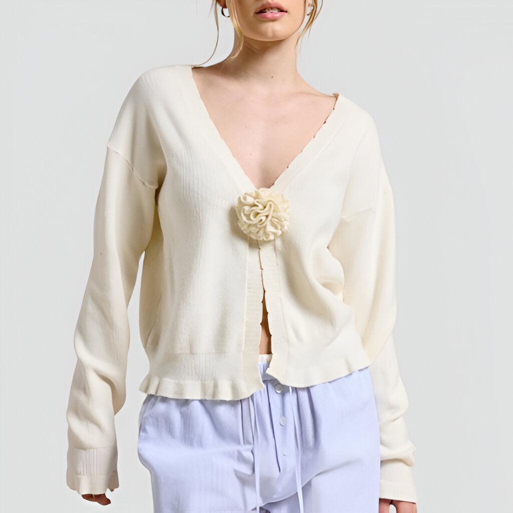 V-Neck Knit Cardigan with Flower Appliqué and Relaxed Fit