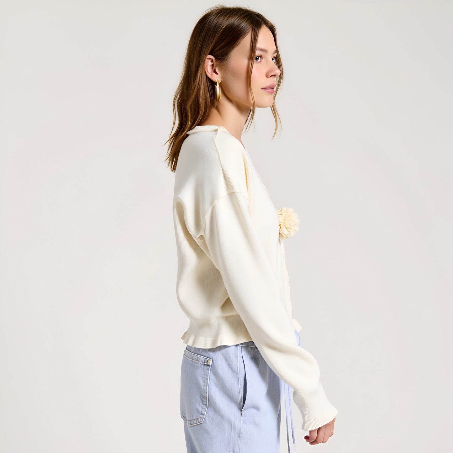 V-Neck Knit Cardigan with Flower Appliqué and Relaxed Fit
