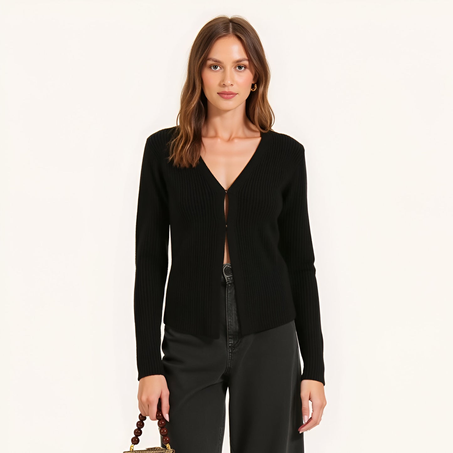 Ribbed Knit V-Neck Cardigan with Long Sleeves and Fitted Shape