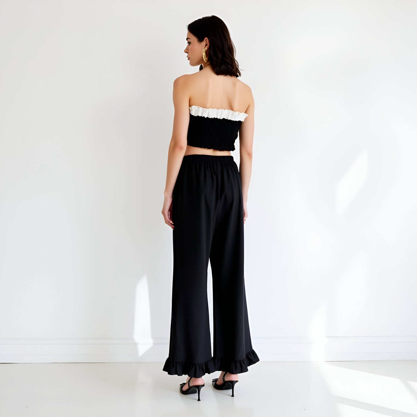 Wide Leg Drawstring Pants with Ruffle Hem