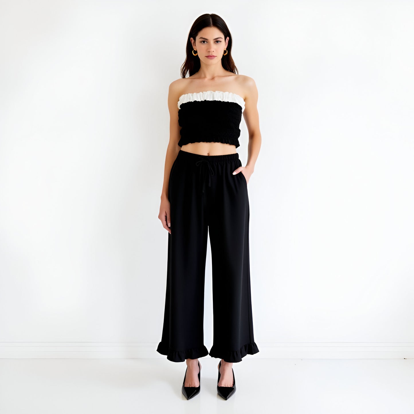 Wide Leg Drawstring Pants with Ruffle Hem