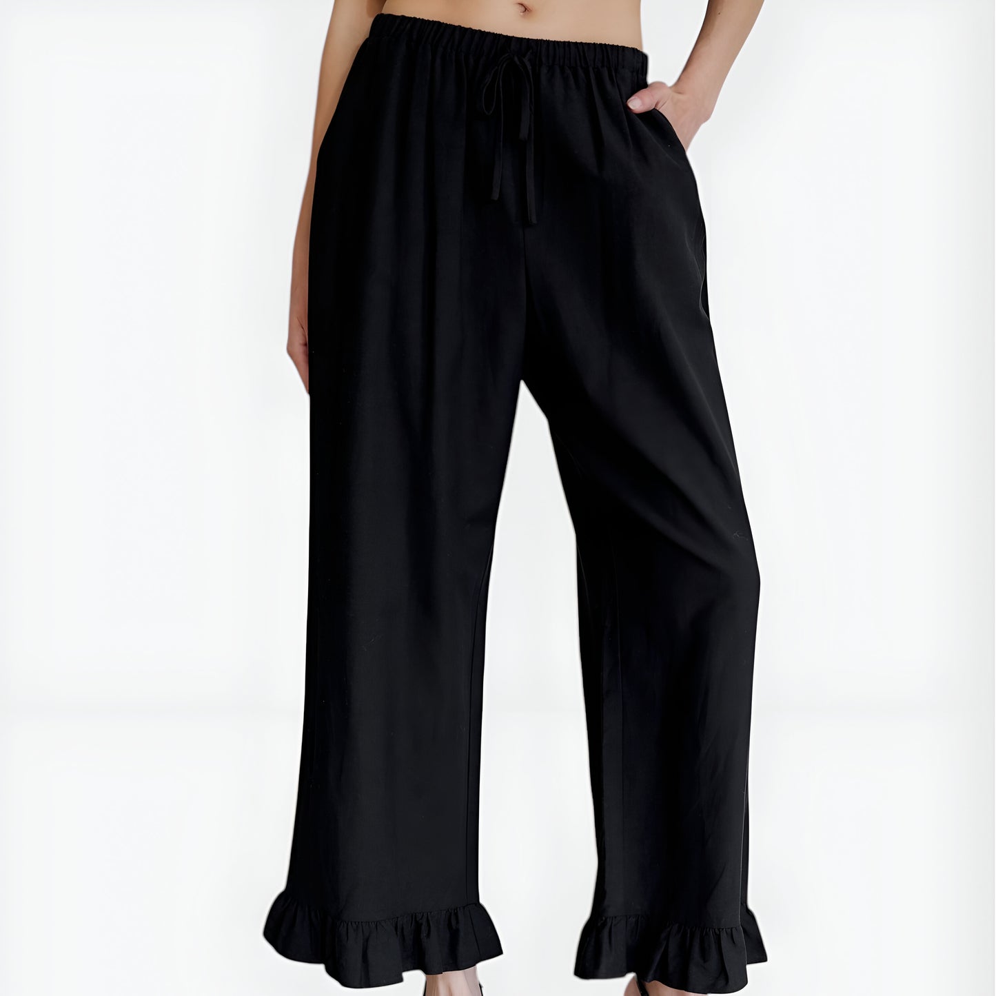 Wide Leg Drawstring Pants with Ruffle Hem