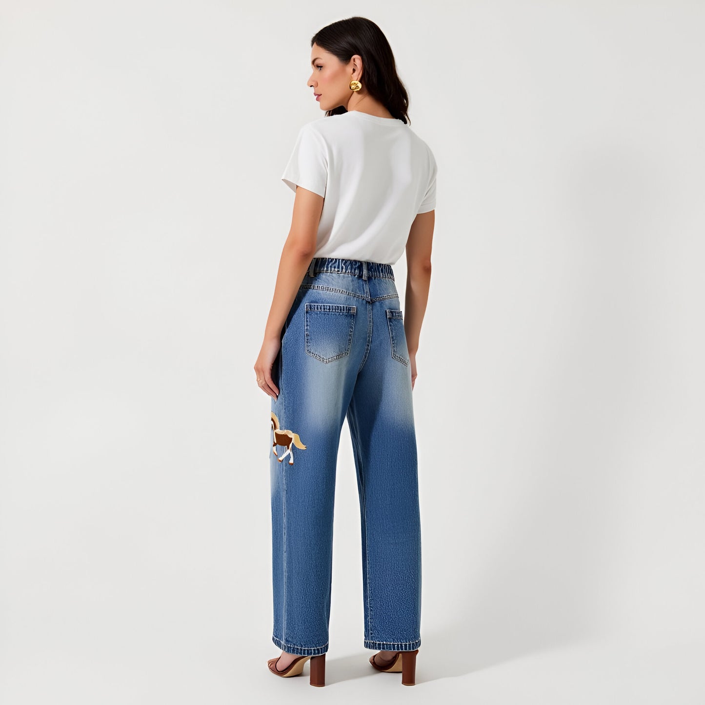 Wide-Leg Denim Jeans with Embroidered Horse Detail and Faded Finish