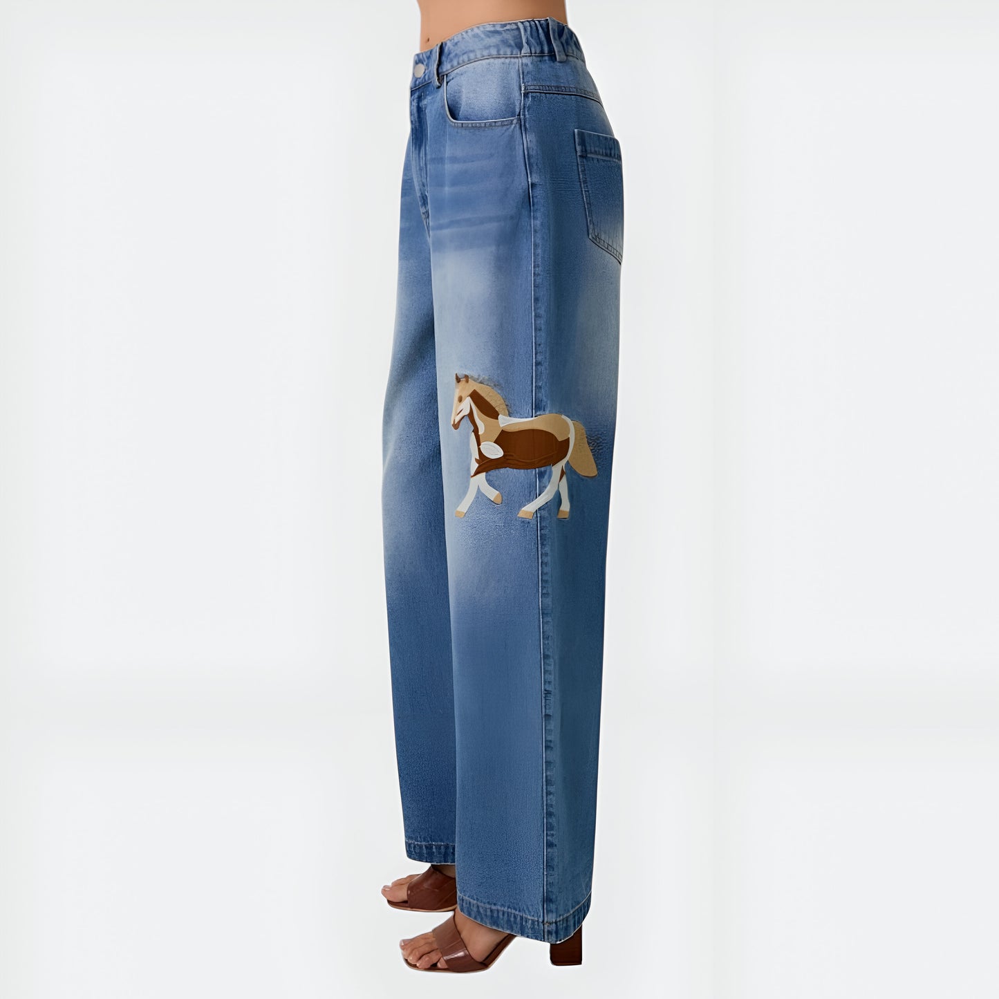 Wide-Leg Denim Jeans with Embroidered Horse Detail and Faded Finish