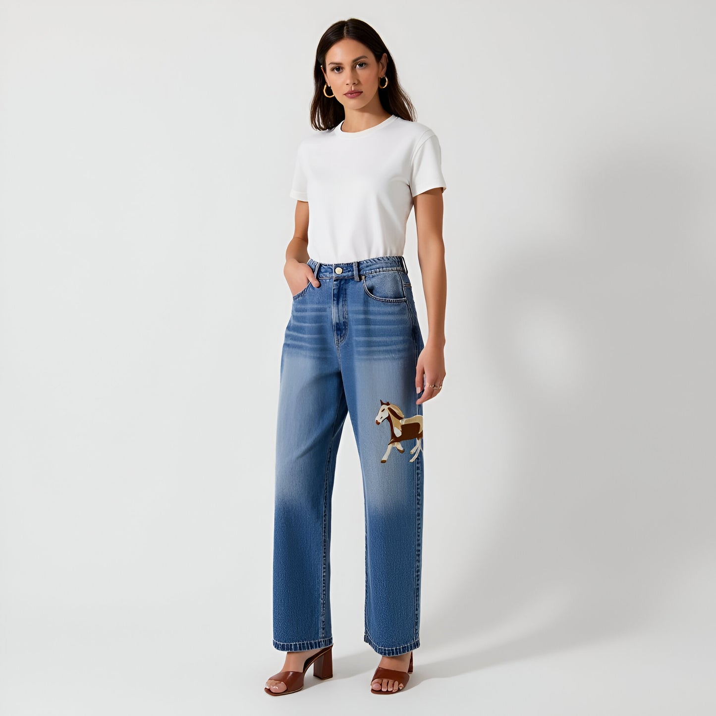 Wide-Leg Denim Jeans with Embroidered Horse Detail and Faded Finish