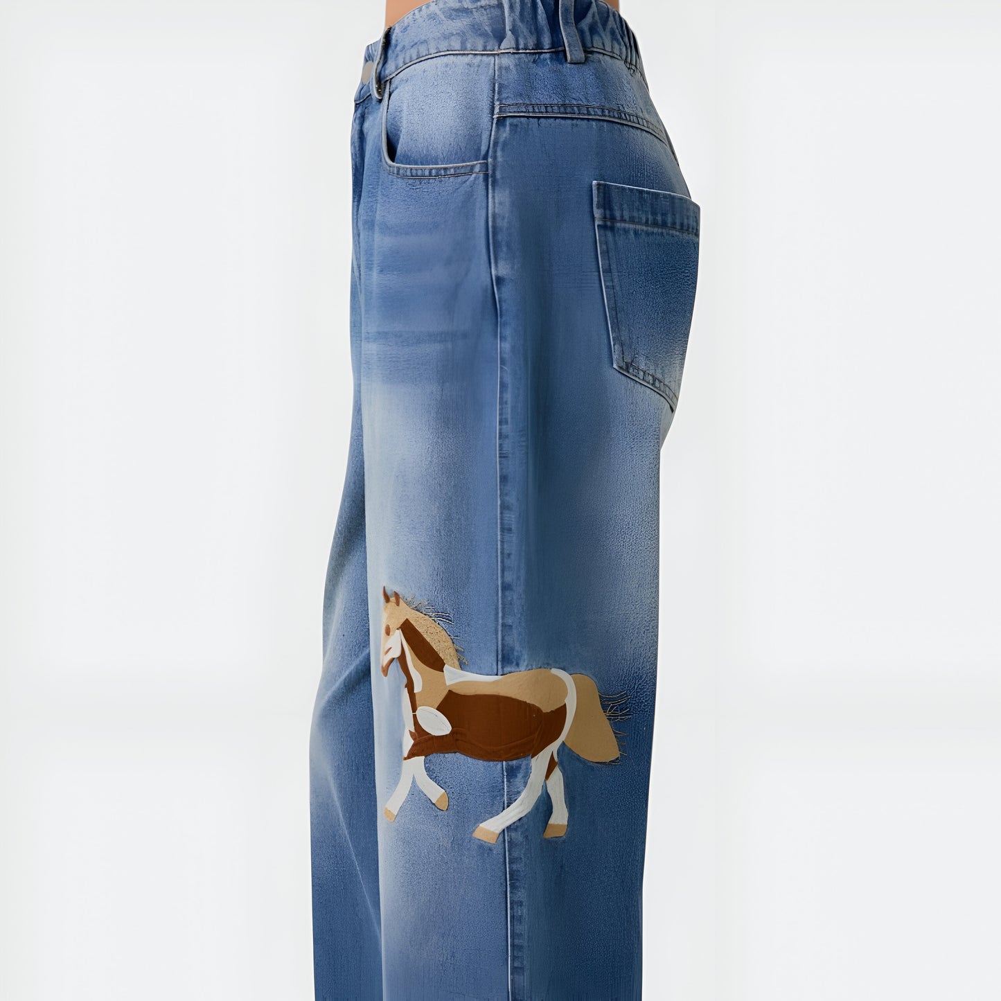Wide-Leg Denim Jeans with Embroidered Horse Detail and Faded Finish