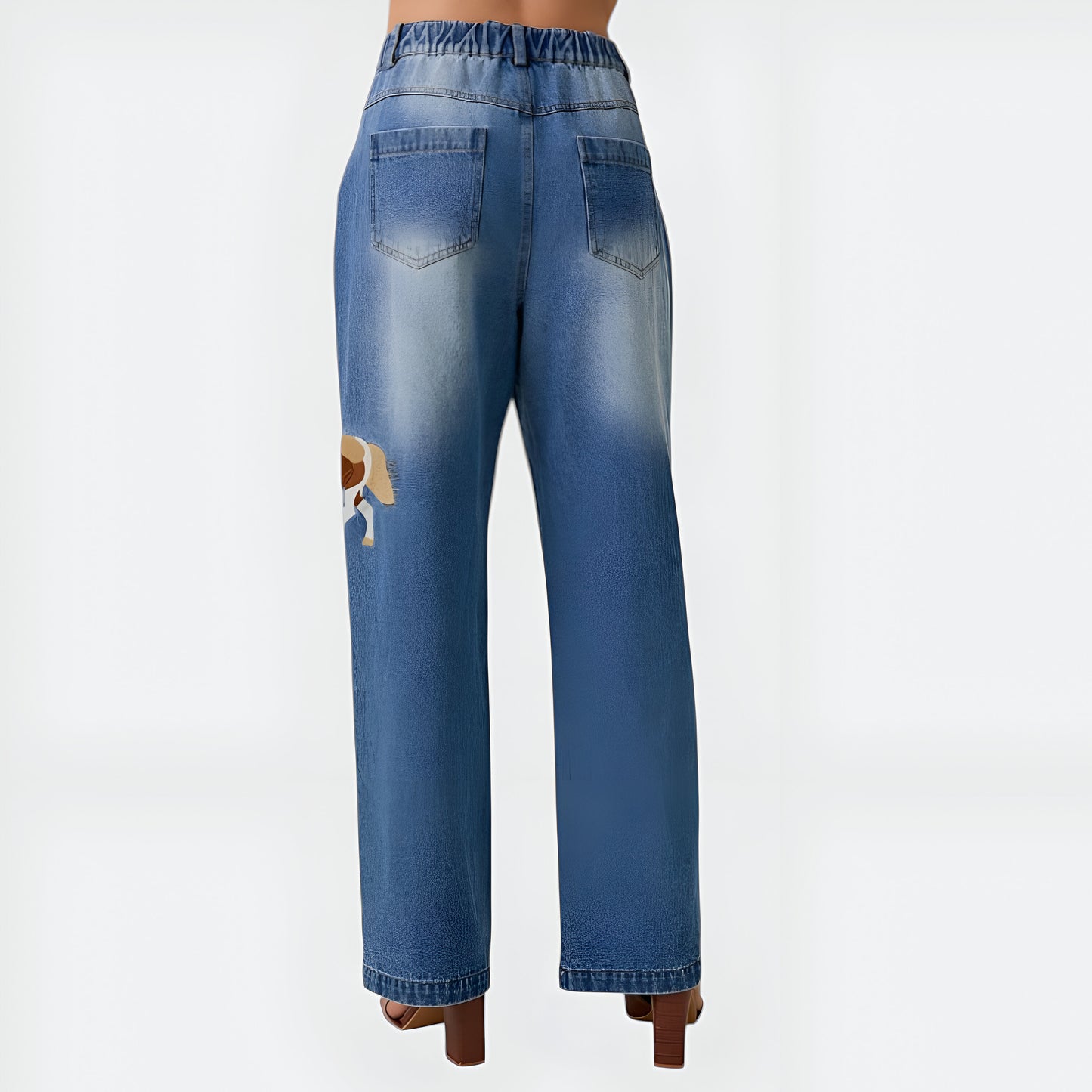 Wide-Leg Denim Jeans with Embroidered Horse Detail and Faded Finish