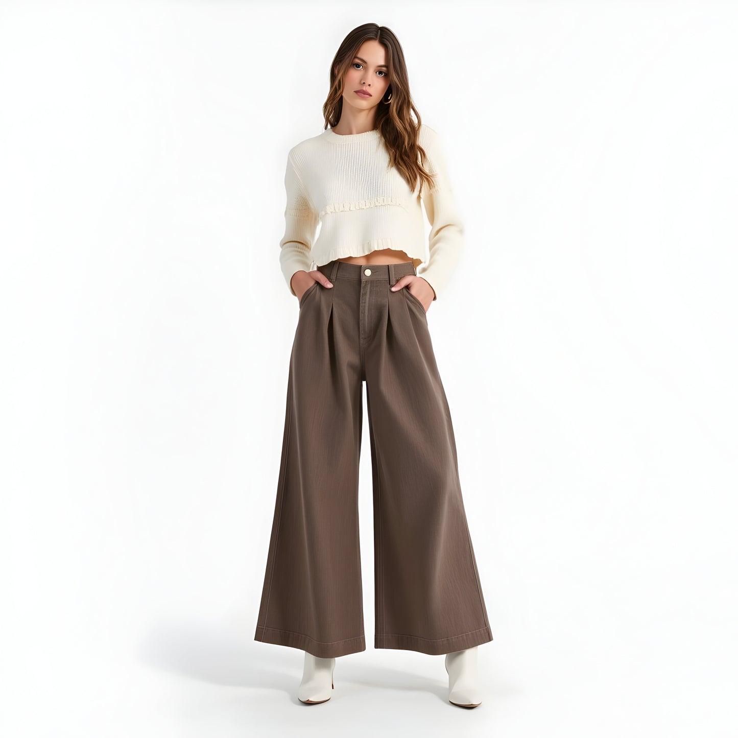High Waist Wide-Leg Pants with Front Pleats and Side Pockets
