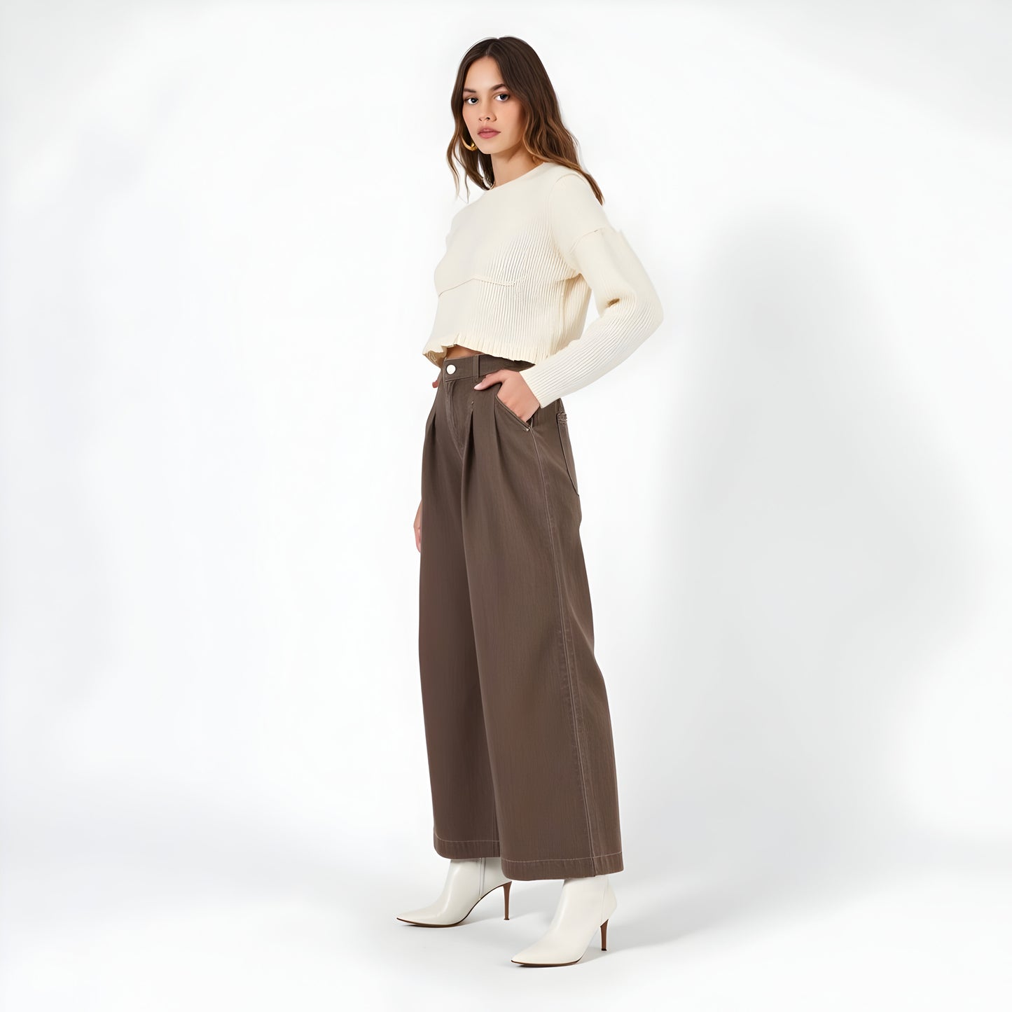 High Waist Wide-Leg Pants with Front Pleats and Side Pockets