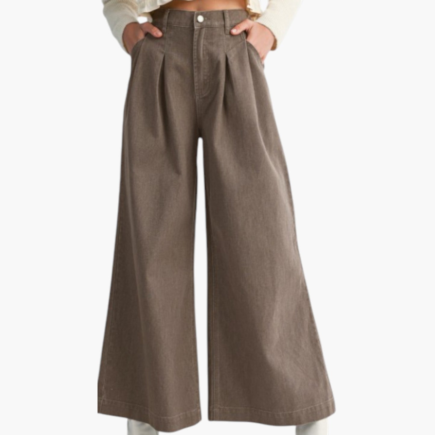 High Waist Wide-Leg Pants with Front Pleats and Side Pockets