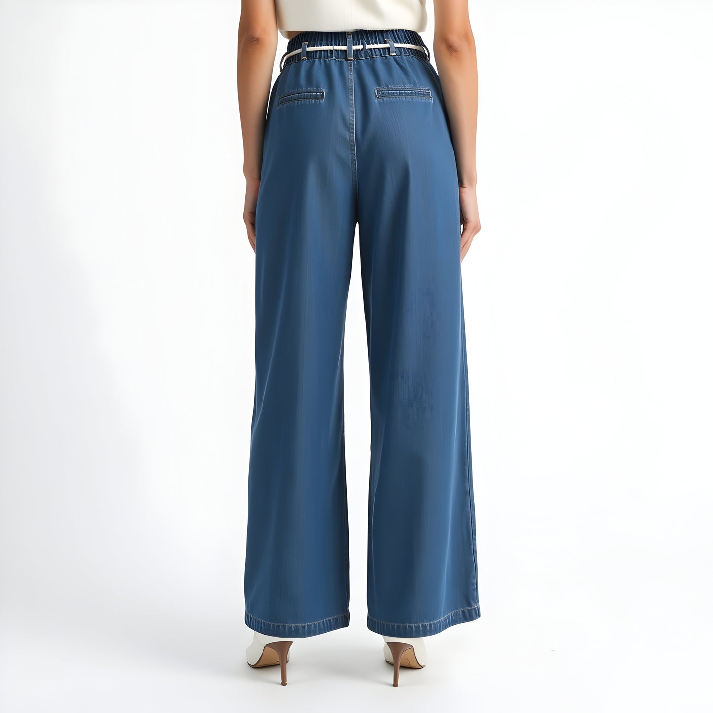 Wide Leg Denim Pants with Tassel Drawstring Waist and Pleat Detail